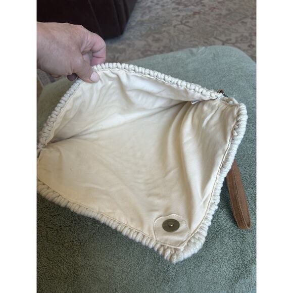 Macrame Lined Hand Bag Cream Clutch Purse Leather Strap Made In India Preloved - Picture 5 of 10